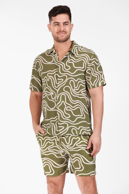 OLIVE PRINTED BUTTON DOWN SHIRT