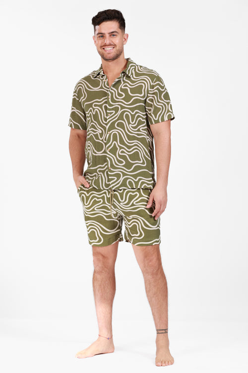 OLIVE LINEN PRINTED SHORTS