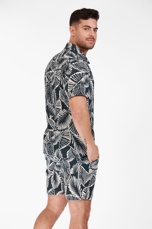 NAVY LINEN PRINTED SHORTS