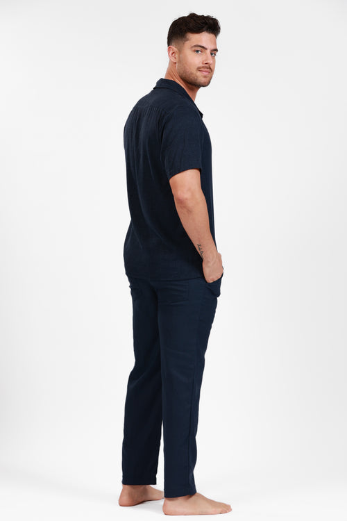 NAVY LINEN SHORT SLEEVE BUTTON DOWN SHIRT