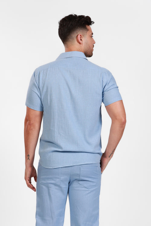 BLUE LINEN SHORT SLEEVE BUTTON DOWN SHIRT