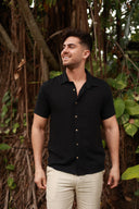 BLACK LINEN SHORT SLEEVE BUTTON DOWN SHIRT