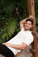 WHITE LINEN SHORT SLEEVE BUTTON DOWN SHIRT