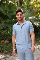 BLUE LINEN SHORT SLEEVE BUTTON DOWN SHIRT