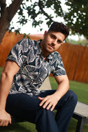 NAVY MENS BUTTON DOWN PRINTED VISCOSE SHORT SLEEVE SHIRTS