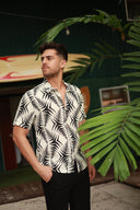 BLACK MENS BUTTON DOWN PRINTED VISCOSE SHORT SLEEVE SHIRTS