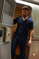 NAVY LINEN SHORT SLEEVE BUTTON DOWN SHIRT