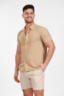 KAHKI LINEN SHORT SLEEVE BUTTON DOWN SHIRT