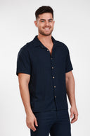 NAVY LINEN SHORT SLEEVE BUTTON DOWN SHIRT