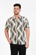 BLACK MENS BUTTON DOWN PRINTED VISCOSE SHORT SLEEVE SHIRTS
