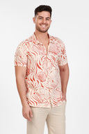 RED MENS BUTTON DOWN PRINTED VISCOSE SHORT SLEEVE SHIRTS