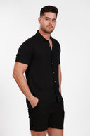 BLACK LINEN SHORT SLEEVE BUTTON DOWN SHIRT