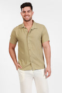 OLIVE LINEN SHORT SLEEVE BUTTON DOWN SHIRT