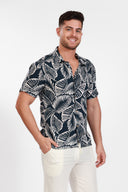 NAVY MENS BUTTON DOWN PRINTED VISCOSE SHORT SLEEVE SHIRTS