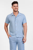 BLUE LINEN SHORT SLEEVE BUTTON DOWN SHIRT