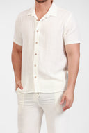 WHITE LINEN SHORT SLEEVE BUTTON DOWN SHIRT