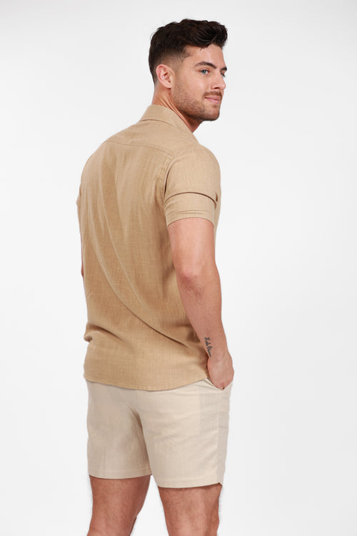 KAHKI LINEN SHORT SLEEVE BUTTON DOWN SHIRT