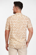 TAN MENS BUTTON DOWN PRINTED VISCOSE SHORT SLEEVE SHIRTS
