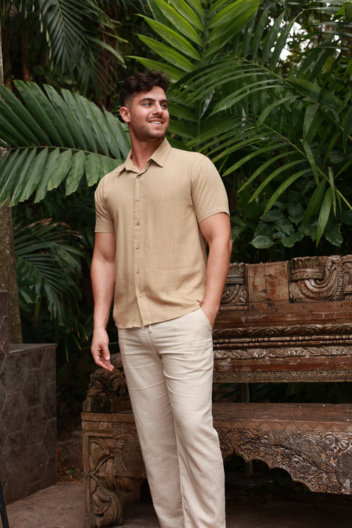 KAHKI LINEN SHORT SLEEVE BUTTON DOWN SHIRT