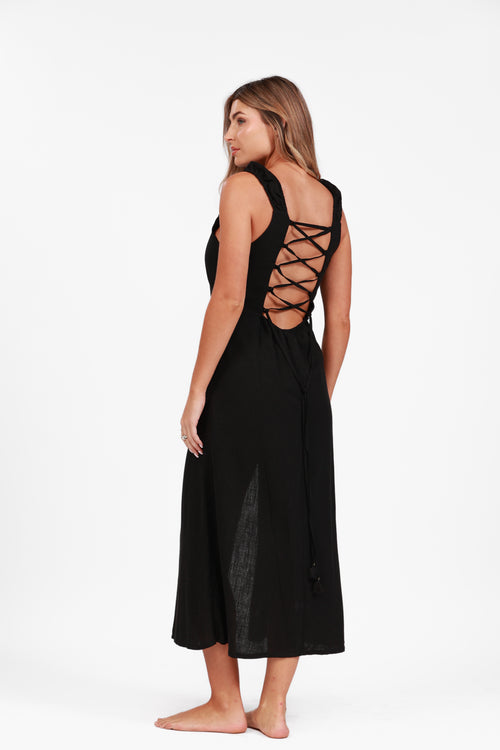MONACO BLACK LINEN MAXI DRESS
