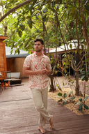 RED MENS BUTTON DOWN PRINTED VISCOSE SHORT SLEEVE SHIRTS