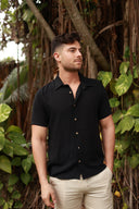 BLACK LINEN SHORT SLEEVE BUTTON DOWN SHIRT