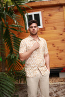 TAN MENS BUTTON DOWN PRINTED VISCOSE SHORT SLEEVE SHIRTS