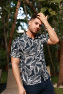 NAVY MENS BUTTON DOWN PRINTED VISCOSE SHORT SLEEVE SHIRTS