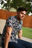 NAVY MENS BUTTON DOWN PRINTED VISCOSE SHORT SLEEVE SHIRTS