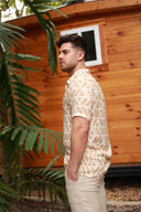TAN MENS BUTTON DOWN PRINTED VISCOSE SHORT SLEEVE SHIRTS