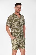 OLIVE LINEN PRINTED SHORTS