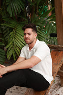 WHITE LINEN SHORT SLEEVE BUTTON DOWN SHIRT