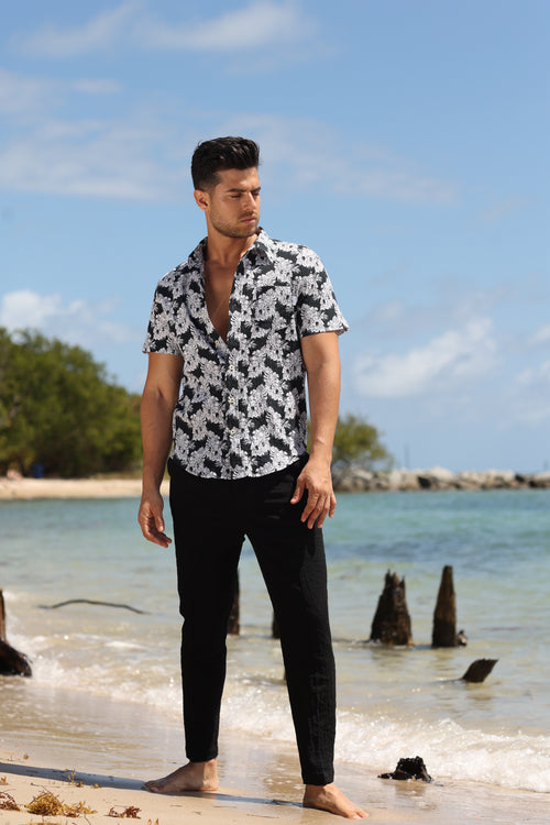 CAPRI SEERSUCKER SHORT SLEEVE BUTTON DOWN apparel best seller Capri Collection men top mens-shirt-seersucker-floral-black-white-capri-salty-weekend-us-4 SaltyWeekendUS